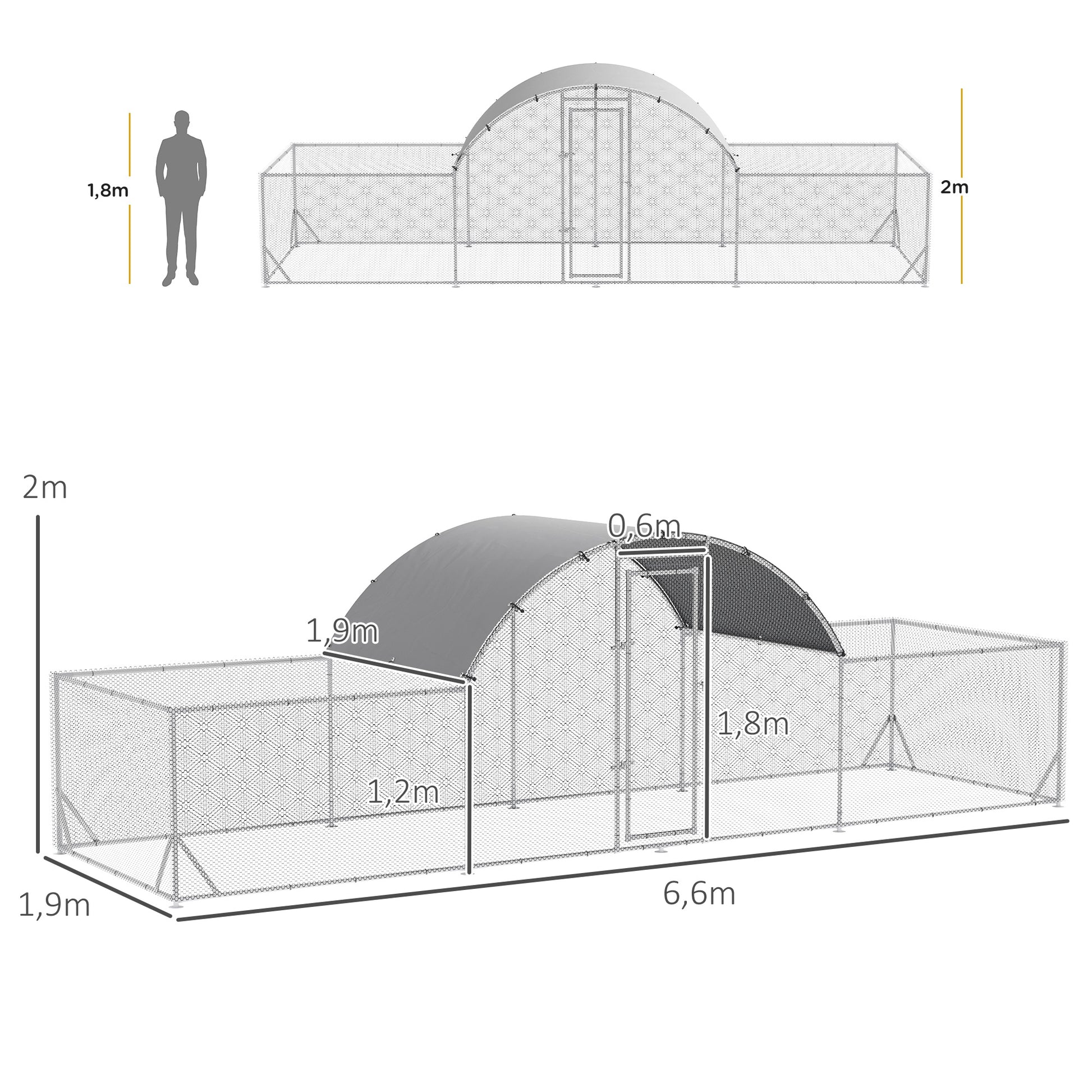 Pawhut Gallinero De Exterior 6,6x2x2m Cubierta De Pe Anti-uv E Impermeable Plata_2