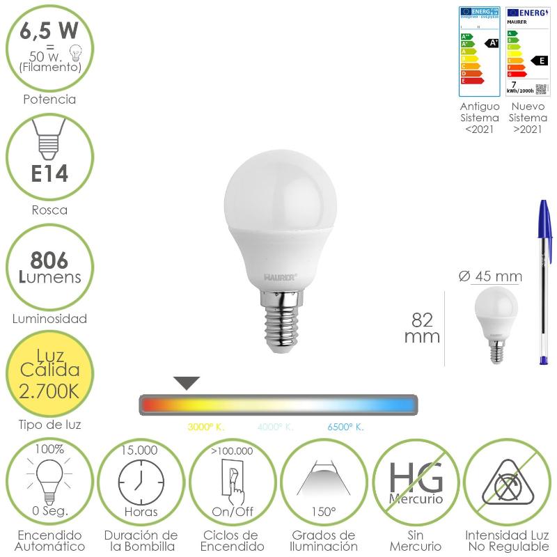 Bombilla Led Esfera Rosca E14. 6.5 Watt. Equivale A 50 Watt. 806 Lumenes. Luz Calida 2700º K._0
