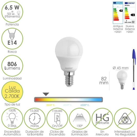 Bombilla Led Esfera Rosca E14. 6.5 Watt. Equivale A 50 Watt. 806 Lumenes. Luz Calida 2700º K._0