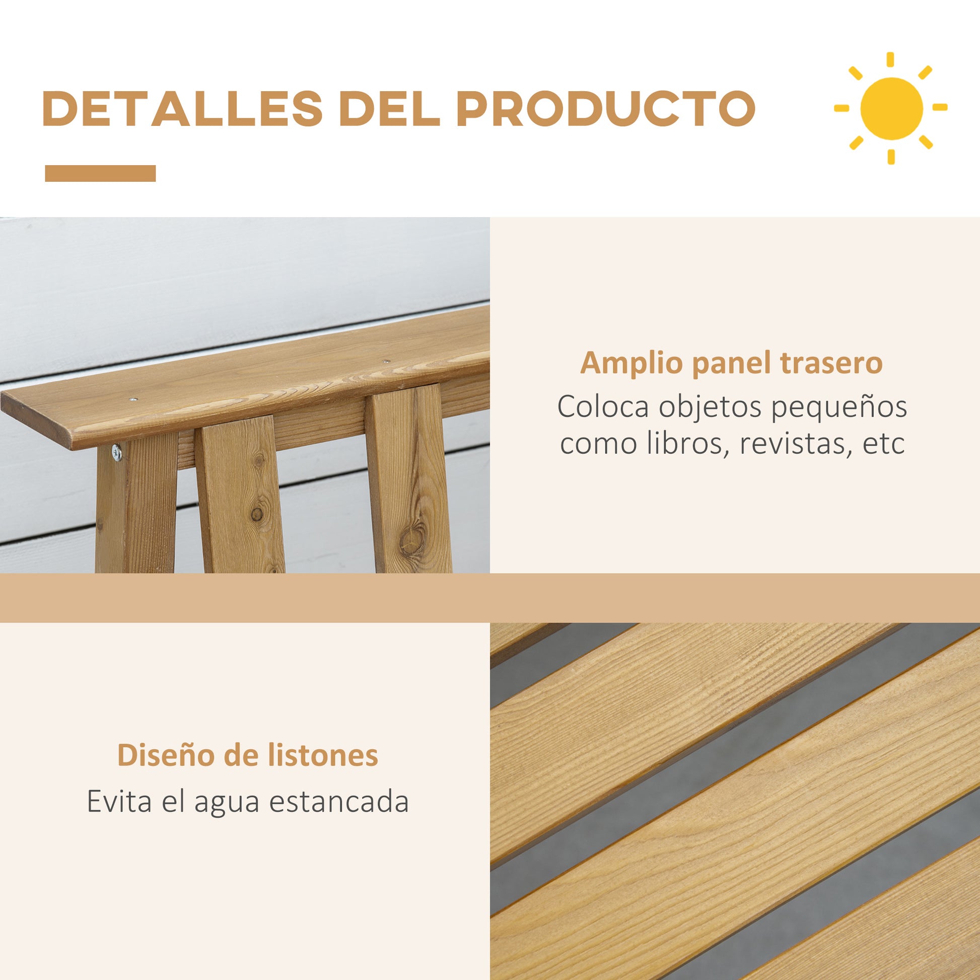 Outsunny Banco De Jardín De 3 Plazas De Madera Con Respaldo Listones 144x60x77cm_5