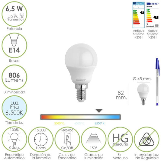Bombilla Led Esfera Rosca E14. 6.5 Watt. Equivale A 55 Watt. 806 Lumenes. Luz Fría 6500º K._0