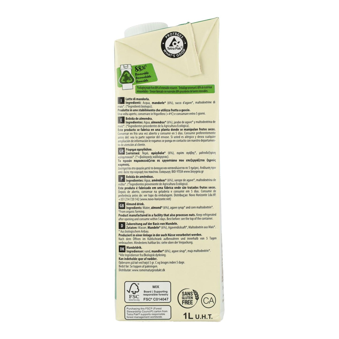 Pack de 6 Bebidas Vegetais de Amêndoa adoçadas com Agave Biológico EcoMil 1L