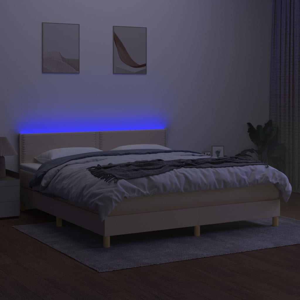 Cama Box Spring Con Colchón Y Led Tela Crema 180x200 Cm / Vetonek_1