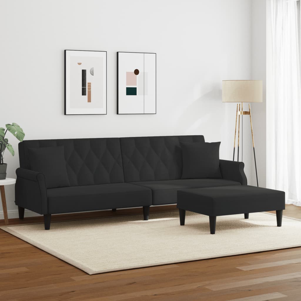 Sofá Cama De 2 Plazas Con Almohadas Y Taburete Terciopelo Negro / Vetonek_1