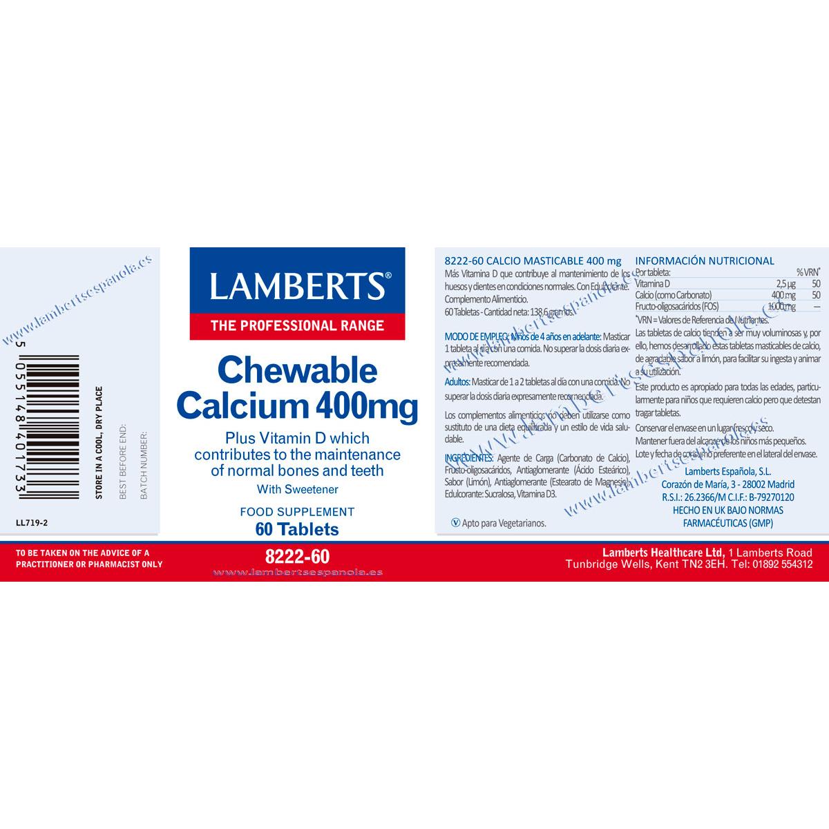 Comprimidos mastigáveis ​​de cálcio 400 mg 60 comprimidos Lamberts