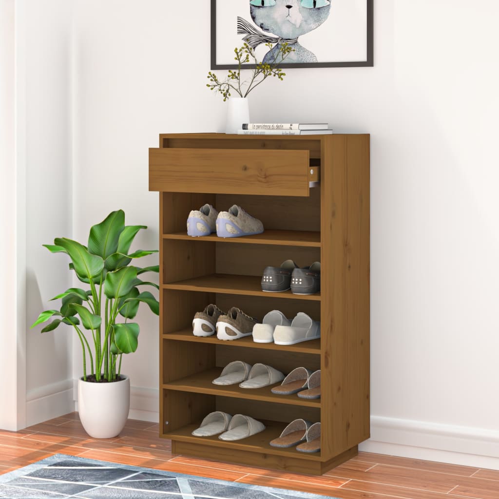 Armario Zapatero Madera Maciza De Pino Marrón Miel 60x34x105 Cm / Vetonek_4