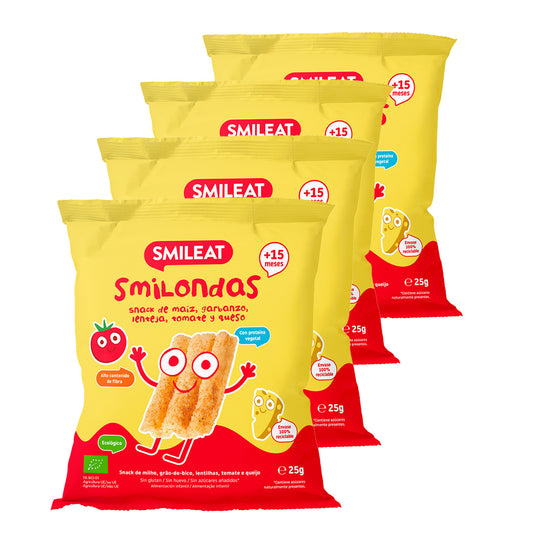 Pack de 4 Salgadinhos Smilondas com Milho, Grão de Bico, Lentilha, Tomate e Queijo Biológico, Smileat, 25 g