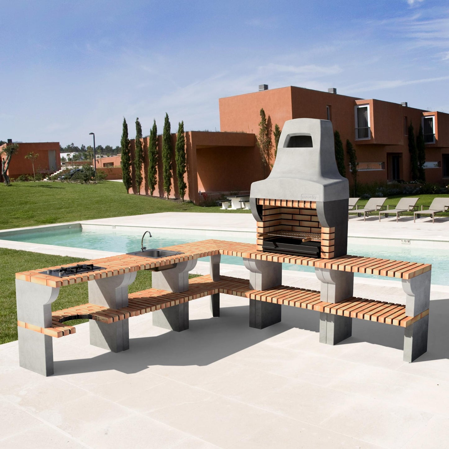 Cozinha de canto ao ar livre Bailén Plus com churrasqueira, lava-loiça e fogão Movelar