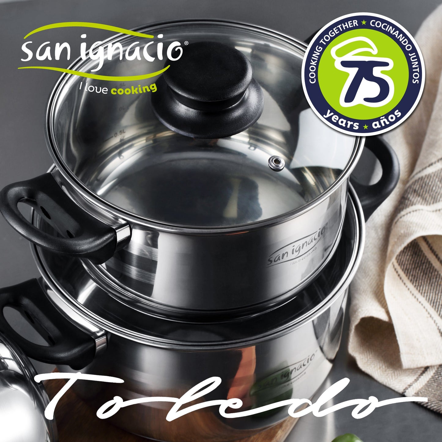 Bateria De Cocina 8 Piezas San Ignacio Toledo De Acero Inoxidable Con Juego De Sartenes (18/20/22/24/26/28 Cm) Daimiel En Aluminio Forjado_1