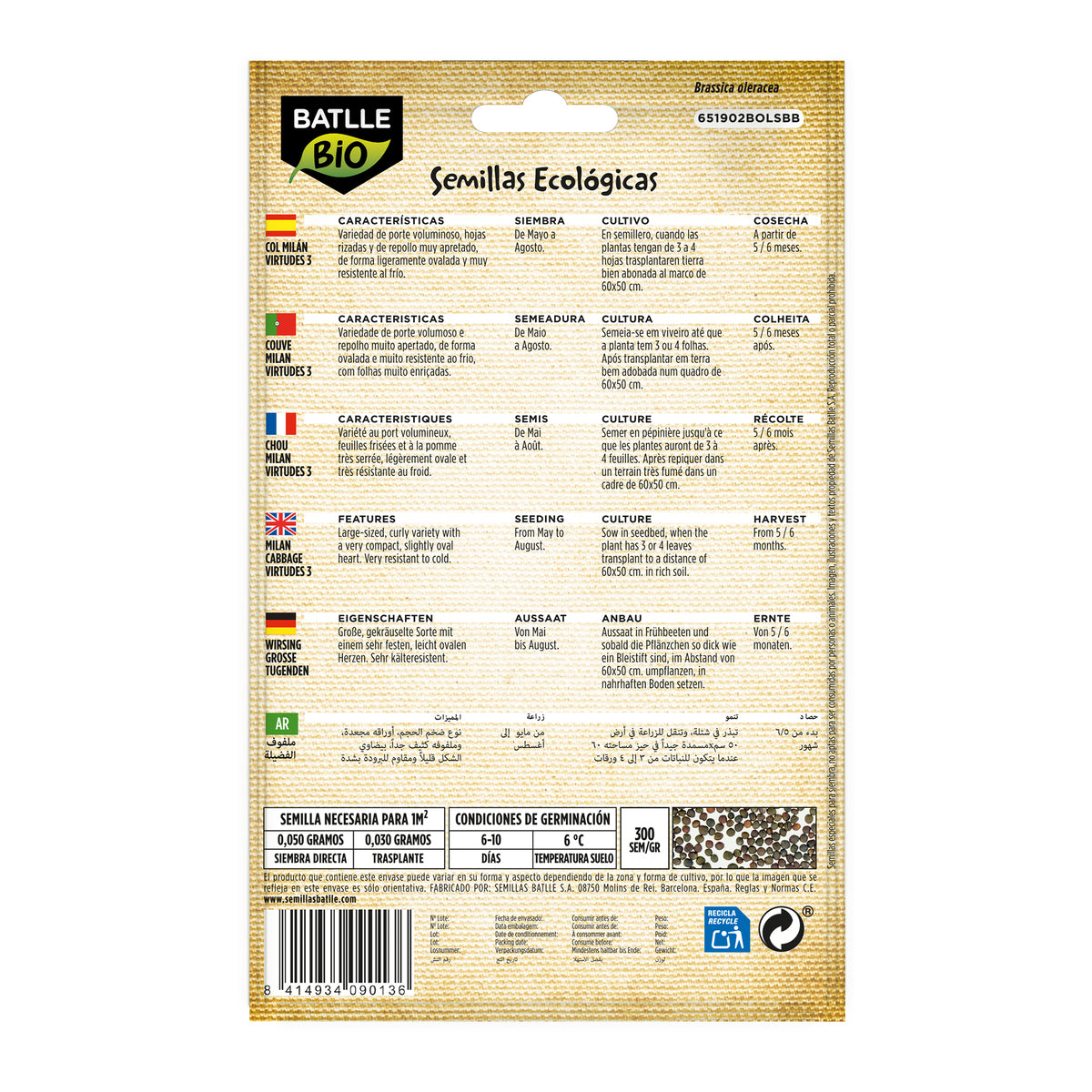 Sementes de couve milanesa biológica Batlle com 3 virtudes
