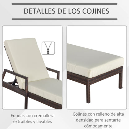 Outsunny Tumbona De Ratán Jardín Con Cojines Respaldo Ajustable Y 2 Ruedas Crema_5