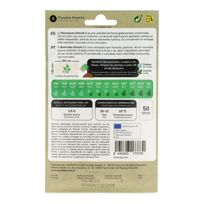 Sementes de beterraba biológica Detroit 2 da Planeta Huerto