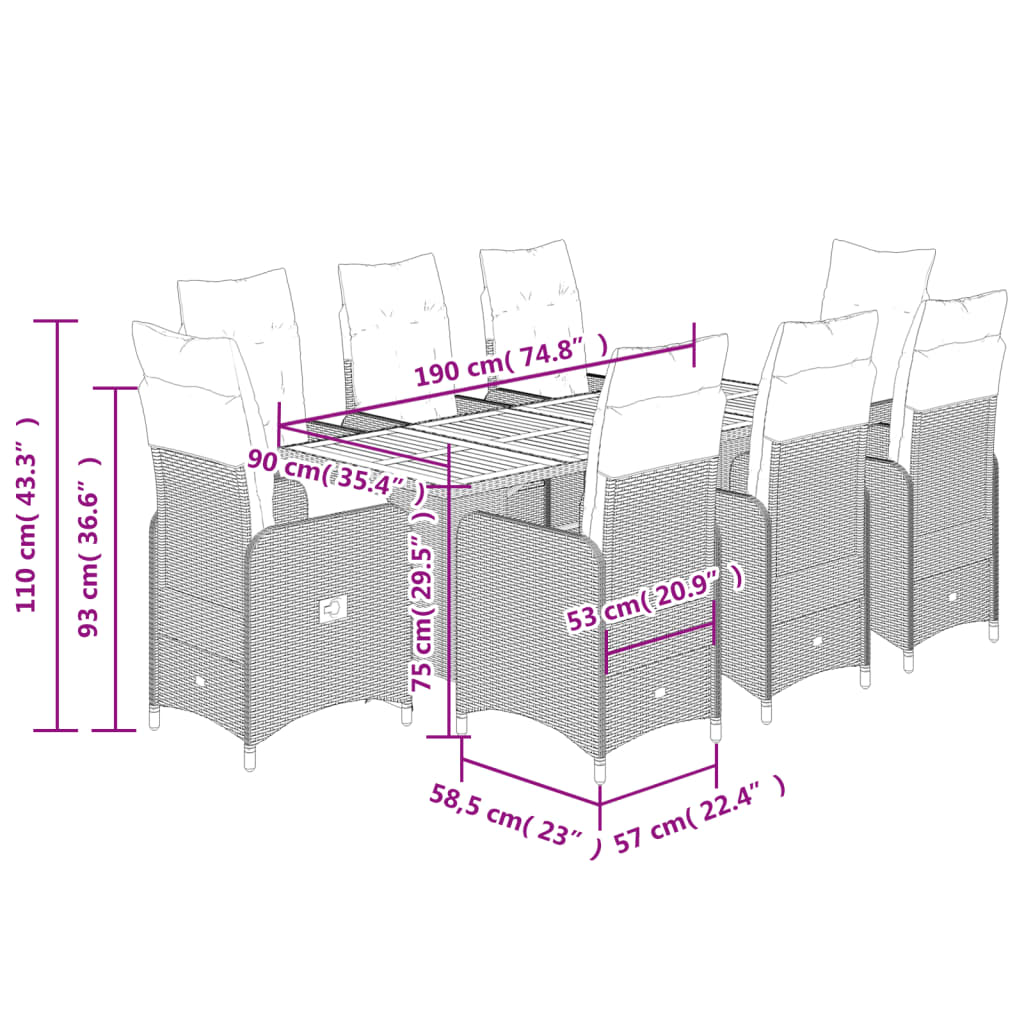 Set De Mesa Y Sillas De Jardín 9 Pzas Y Cojines Ratán Pe Negro / Vetonek_5