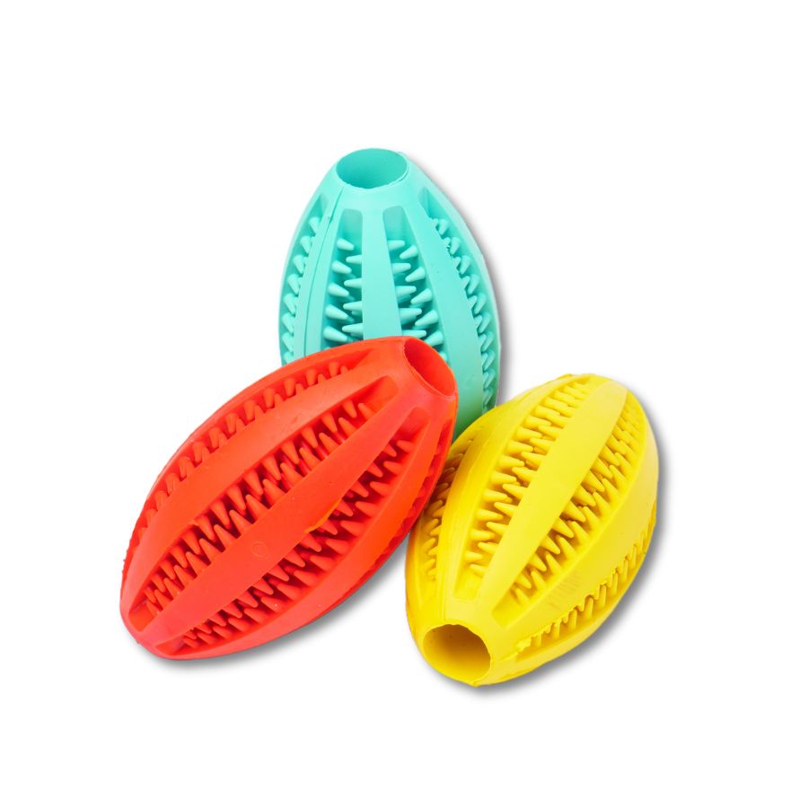 3 Pelotas Para Perro Dental Oval De 11cm Con Estrias Y Hueco Interior Para Premios_1