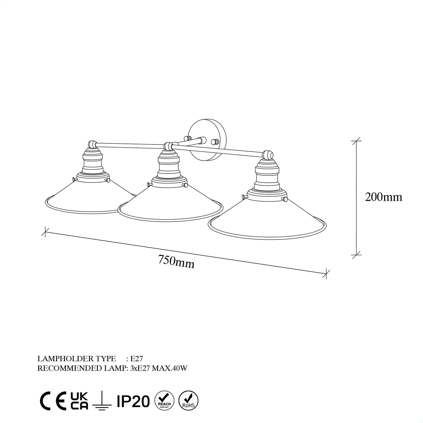 Aplique De Pared, Metal , Oro, 75x27x20, Casquillo 3 X E27 Max 40 W_1