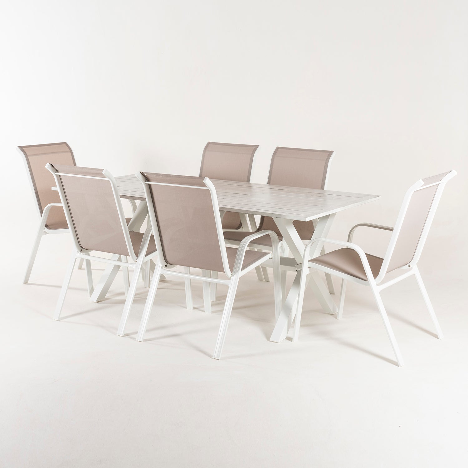Conjunto Para Jardín Color Blanco, Mesa Grande De 190 Cm Y 6 Sillones Apilables, Aluminio Reforzado, 6 Plazas_2
