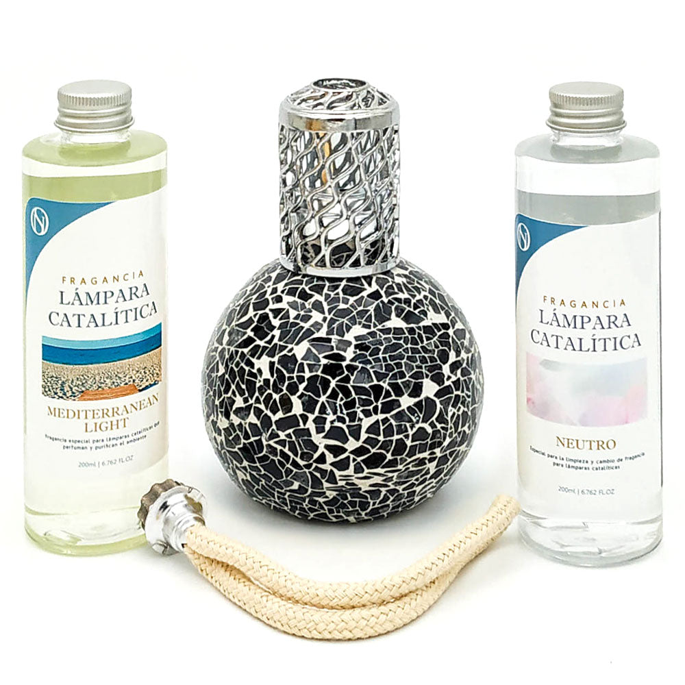 Pack Lámpara Catalítica Mosaico Negro + Fragancia Mediterranean Light 200ml + Limpiador Neutro 200ml + Mecha De Repuesto_0
