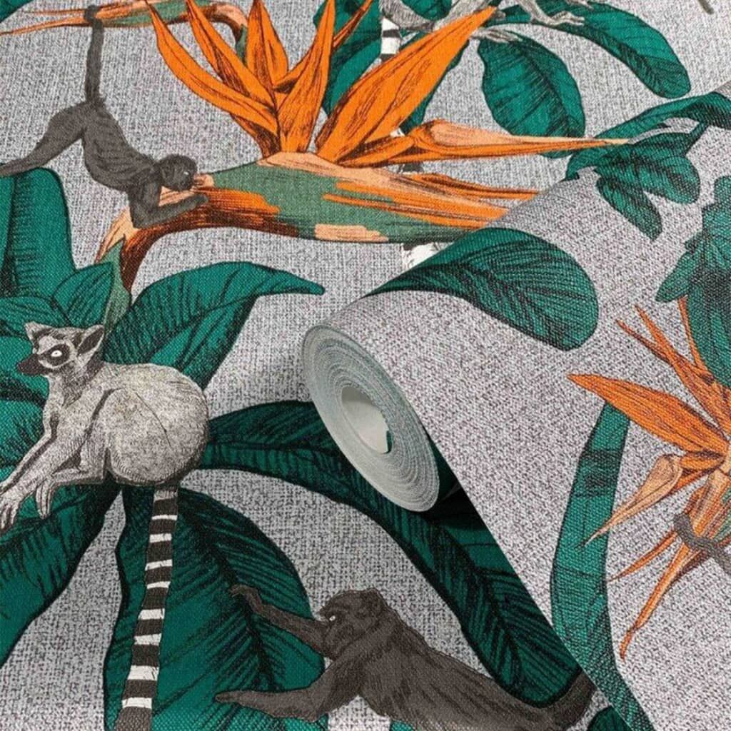 Noordwand Papel De Pared Topchic Monkey Jungle Leaves Verde Y Gris_0