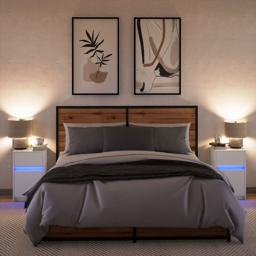 Mesitas De Noche Con Luces Led 2 Uds Madera Ingeniería Blanca_2