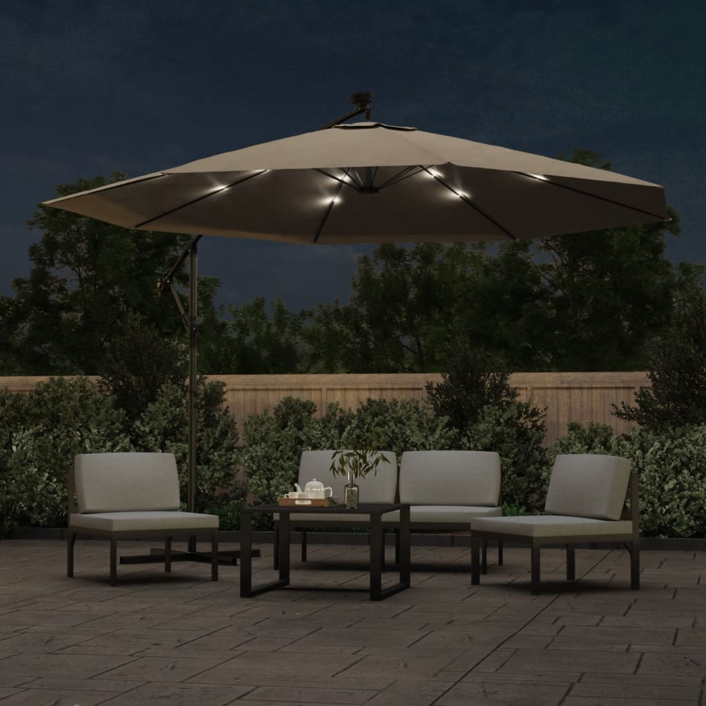 Sombrilla Voladiza Jardín Con Luces Led Palo Acero Taupe 350 Cm_1