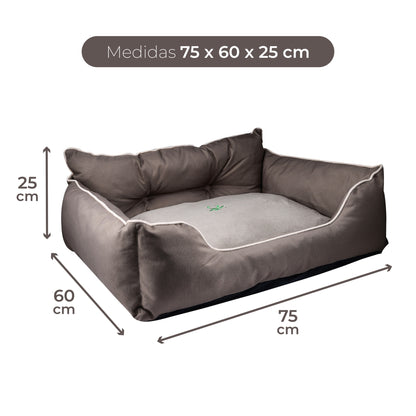 Cama Para Mascota 75x60x25cm Marrón + Comedero Doble De Acero En Bambú_1