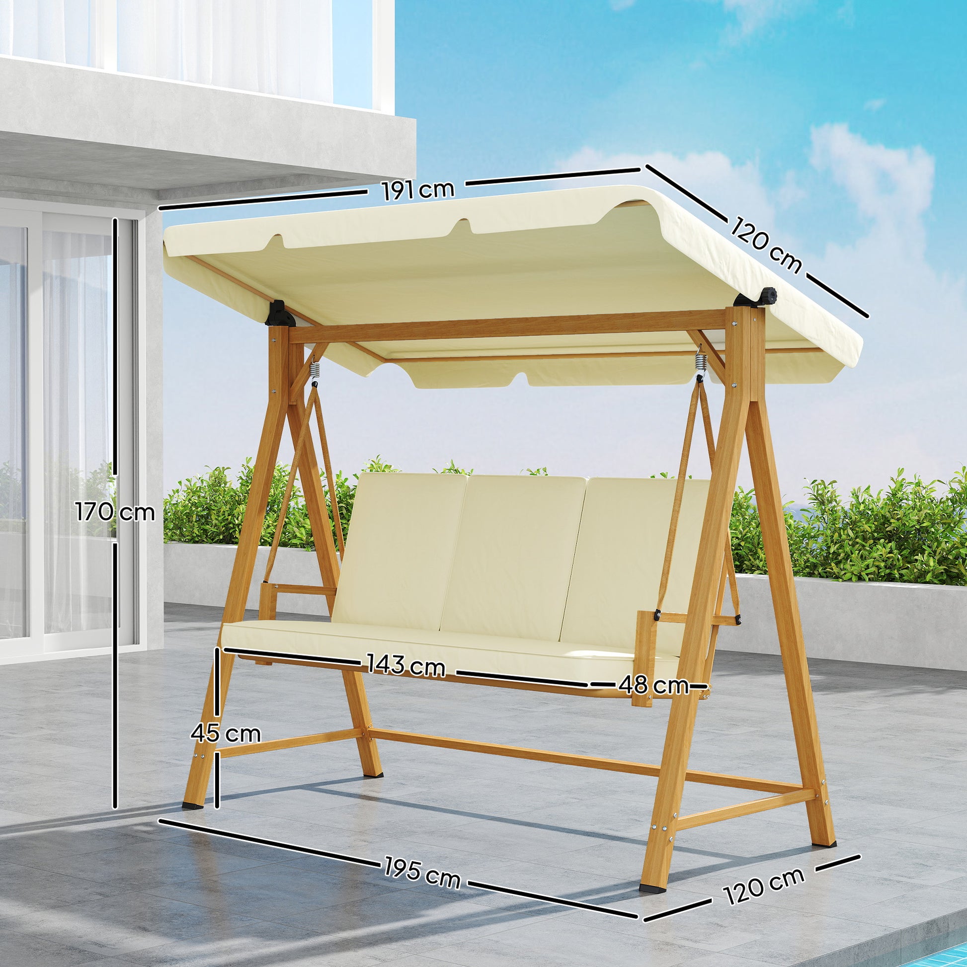 Outsunny Columpio De Jardín Exterior De 3 Plazas Con Toldo Ajustable Beige_2