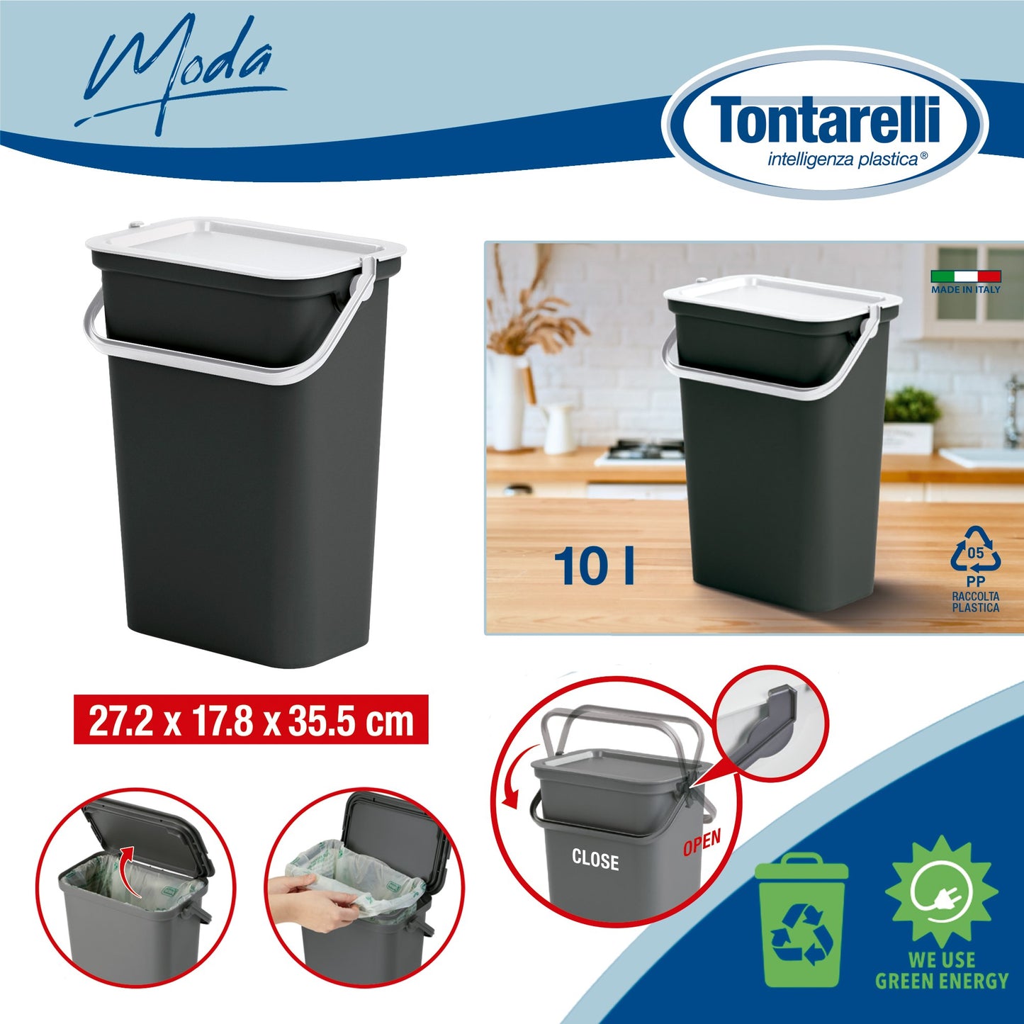 Papelera moda 10l Con Asa (cubo Negro-tapa Blanco)