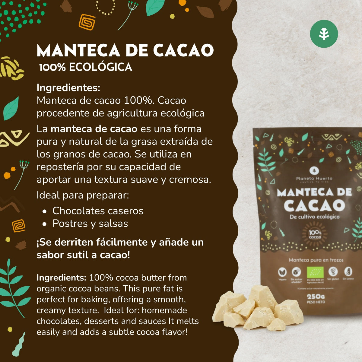 Manteiga de cacau pura em pedaços ECO Planeta Huerto 250 g