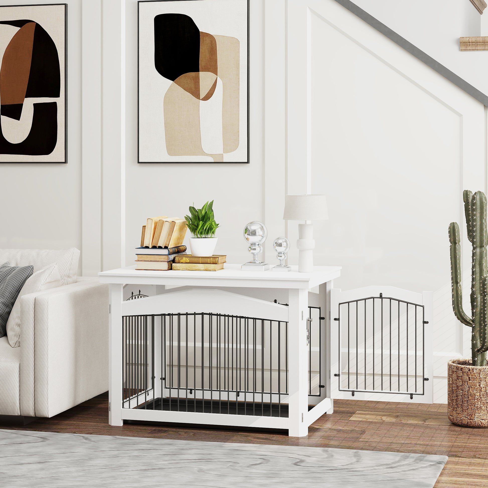Pawhut Jaula Para Perros Medianos 3 En 1 Con Tapa Superior Desmontable Blanco_1