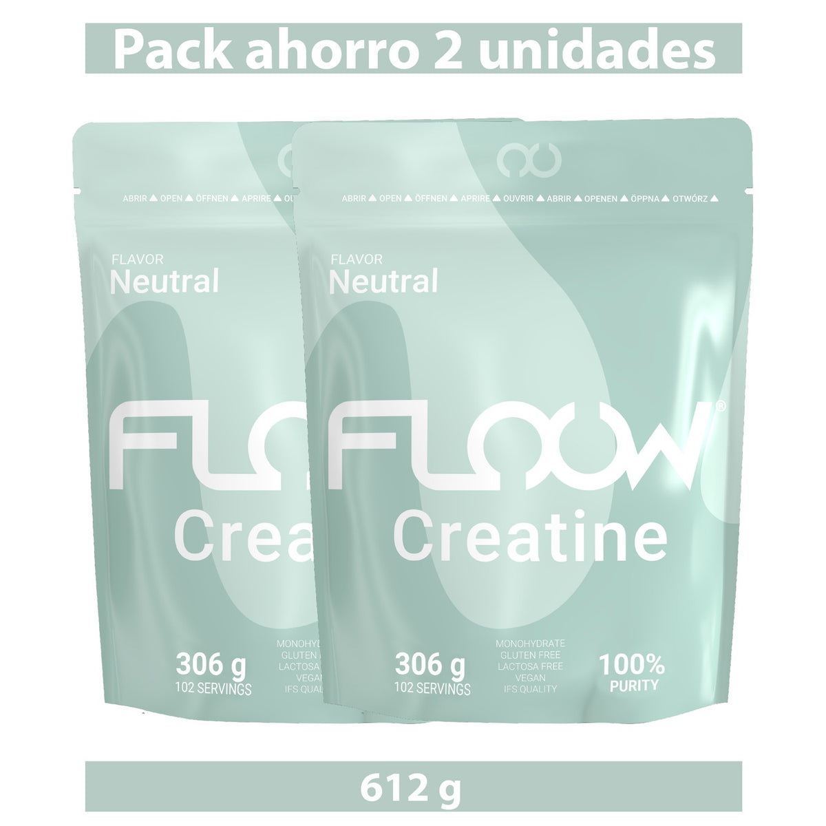 Creatina Monohidratada Sin Sabor (neutra) Pack 2 X 306 G - 612 G (180 Dosis) Floow Creatine En Polvo Pura Sin Azúcar_0