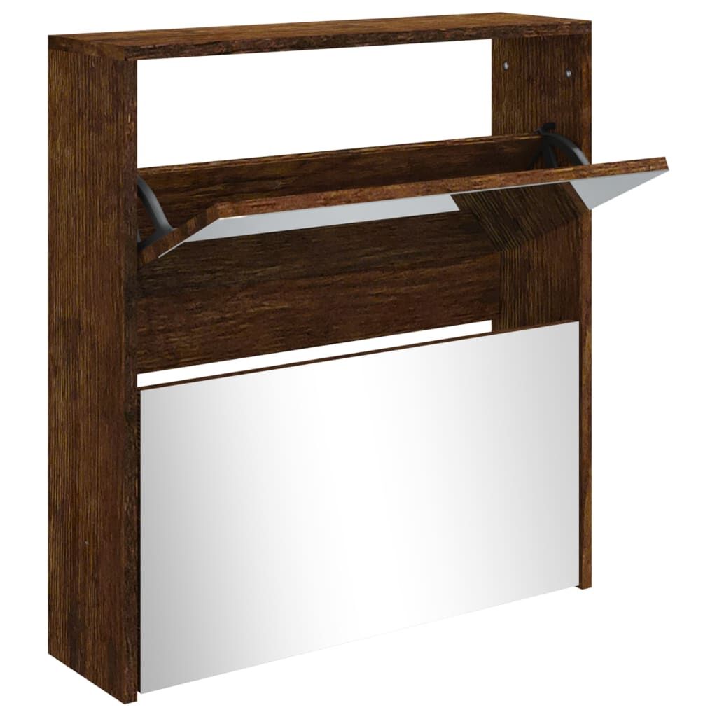 Vidaxl Mueble Zapatero Con Espejo 2 Niveles Roble Ahumado 63x17x67 Cm_0
