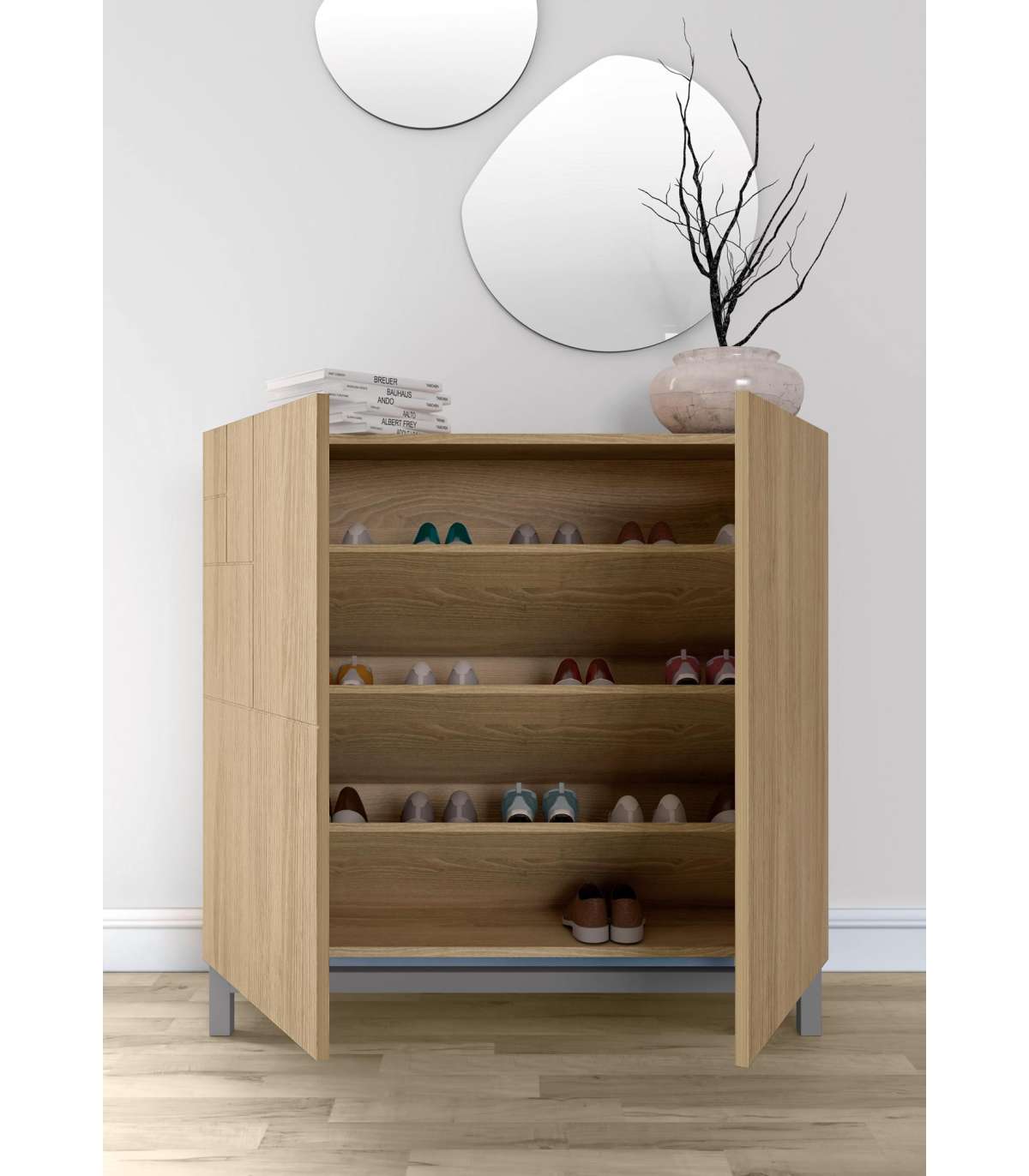 Zapatero 2 Puertas Modelo 513 Acabado Roble Oscuro Patas Grises, 90x90x27 (alto X Ancho X_2