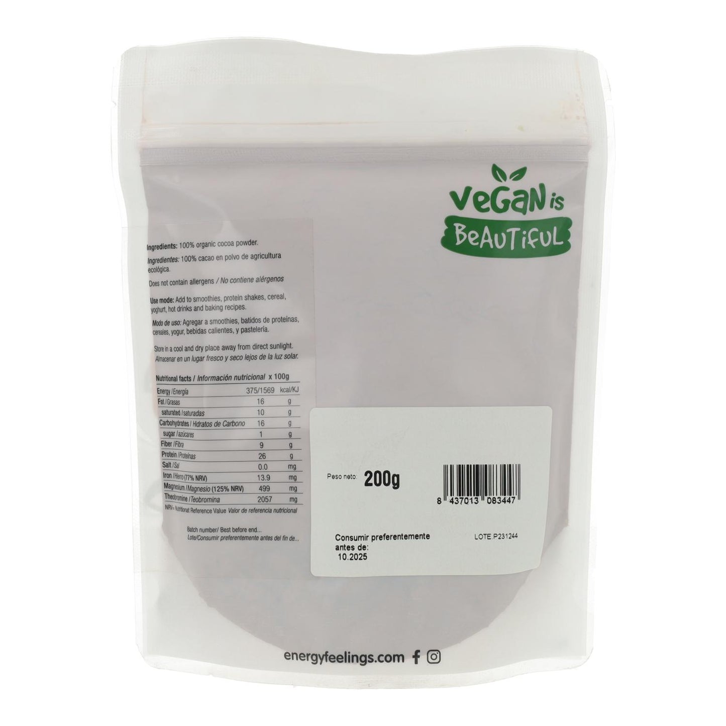 Embalagem de 2 cacau em pó sem açúcar ECO Energy Feelings 1 kg