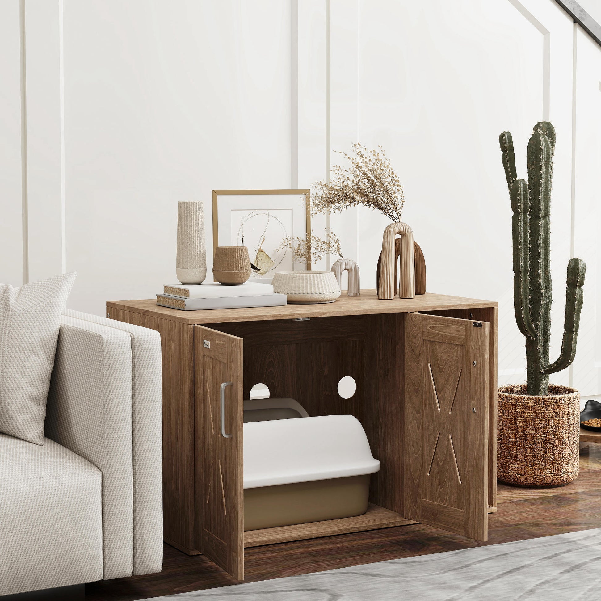 Pawhut Mueble Arenero Para Gatos 3 En 1 Con Puertas Estera Para Rascar Marrón_3