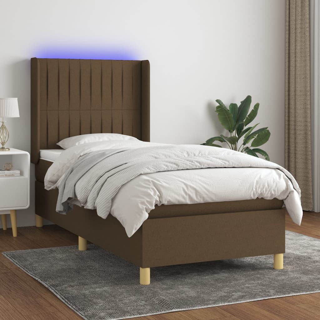 Cama Box Spring Colchón Y Luces Led Tela Marrón Oscuro 90x200cm / Vetonek_0
