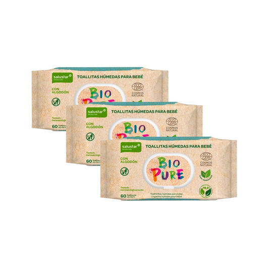 EMBALAGEM 3x Toalhitas Biodegradáveis ​​Salustar Biopure para Bebé 60 unidades