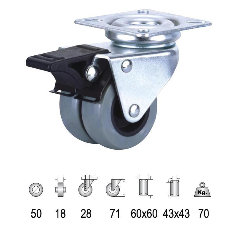 Rueda Doméstica Doble Poliamida Gris Placa Con Freno   50mm