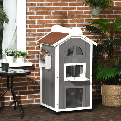Pawhut Casa Para Gatos De Madera 59x55x109 Cm Con Techo Asfáltico Escalera Gris_1