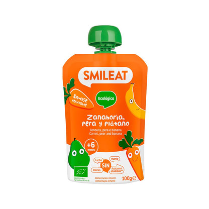 Pack de 10 saquetas de Smileat Pêra, Banana e Cenoura 100 g
