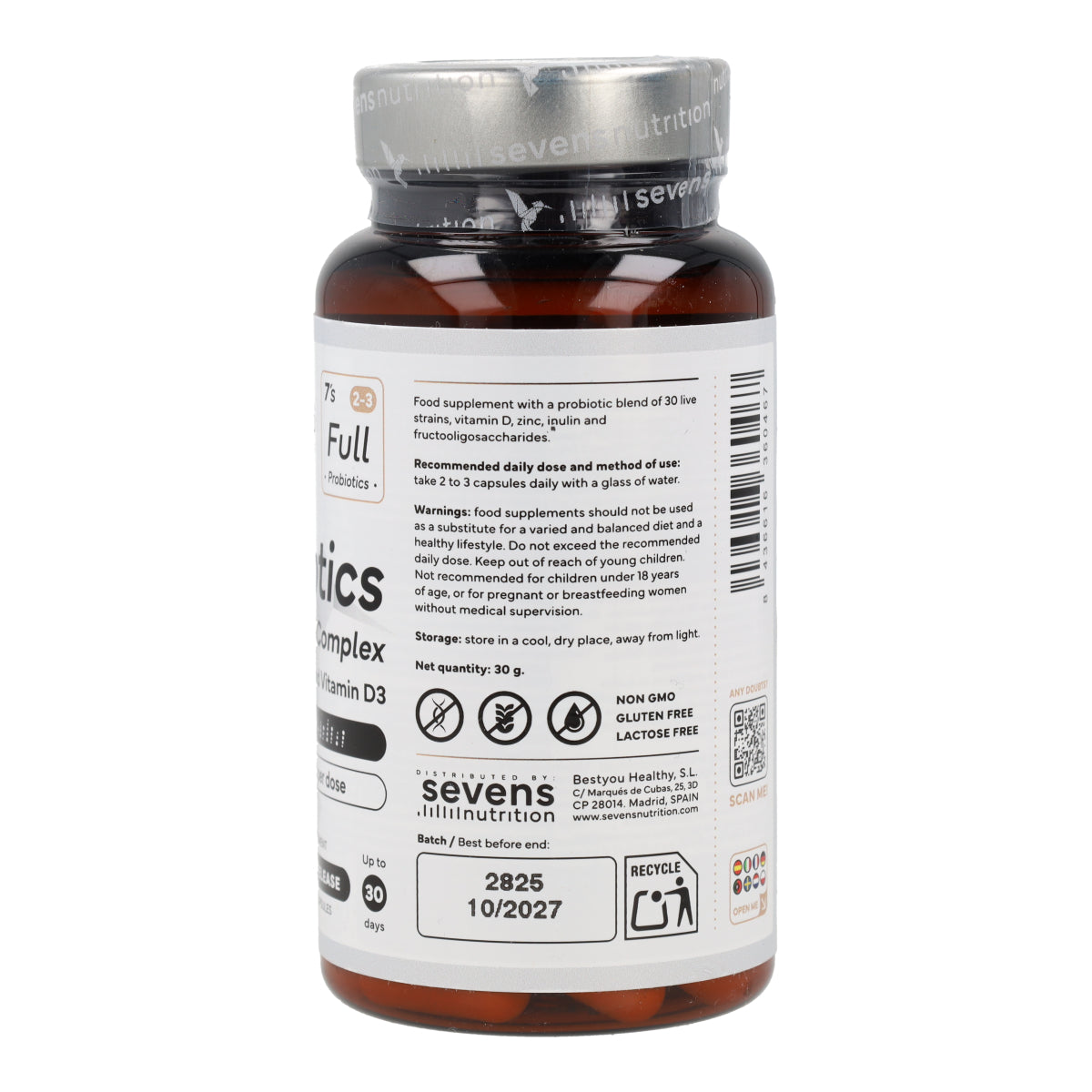 Probiótico Full Spectrum Complex con Inulina FOS Zinc y Vitamina D3 Sevens Nutrition 60 cápsulas