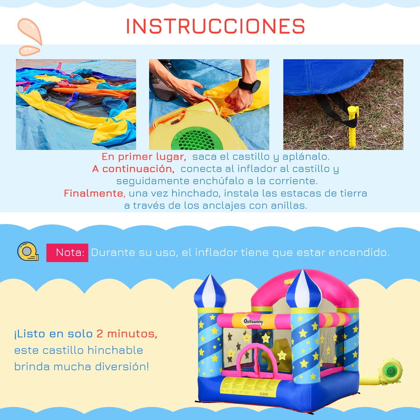 Outsunny Castillo Hinchable Infantil Estrellitas Cama De Salto Canasta Inflador_5