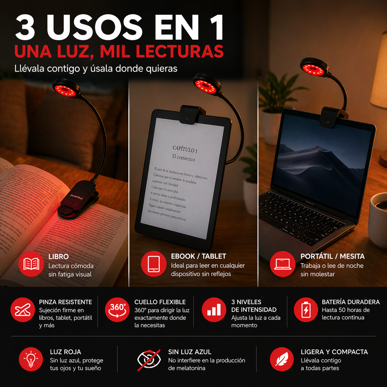 Lámpara De Luz De Lectura Roja_2