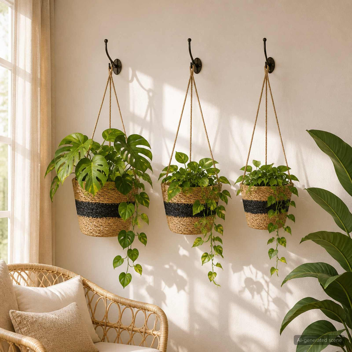 Hanging Plant Pot 3 Uds. Natural Y Negro Ø26 X 19 Cm_1