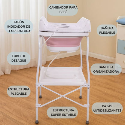 Bathby | Bañera Bebé 5 En 1 Plegable Con Soporte, Cambiador, Bandejas, Desagüe (rosa Standard)_3