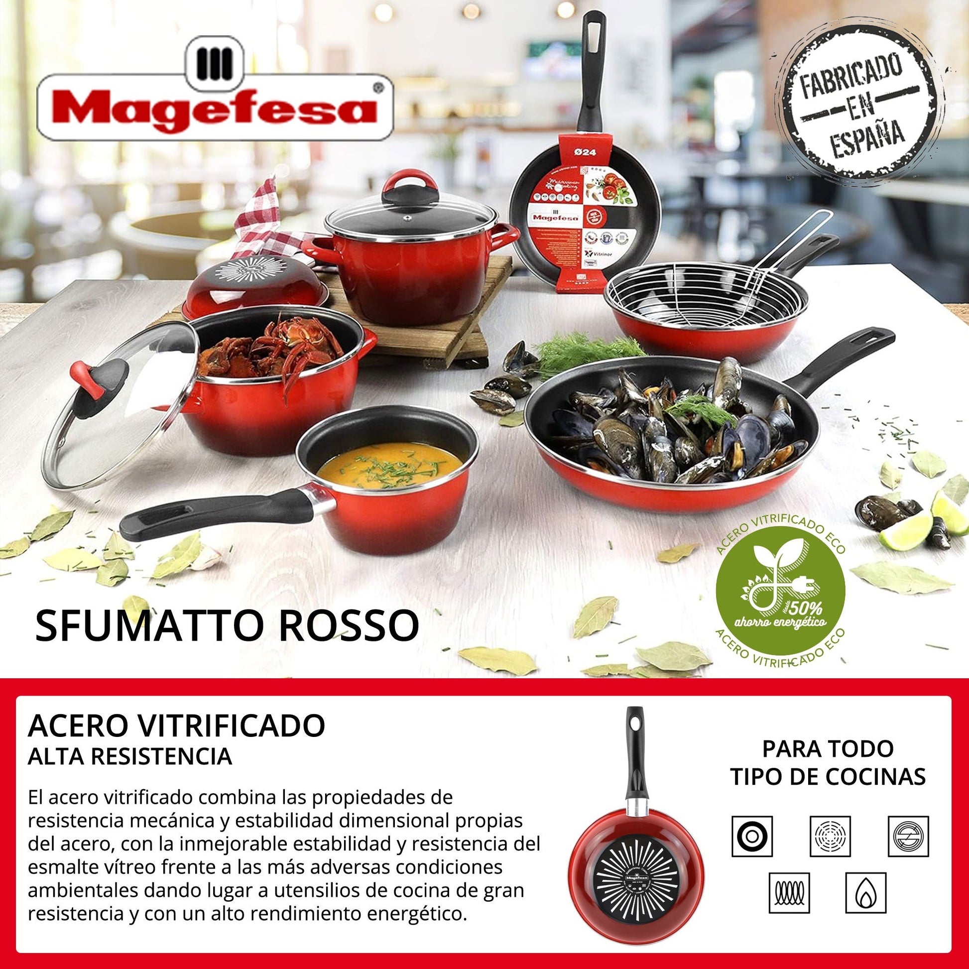 Cacerola 'sr' Ø24cm Con Tapa Vidrio Rojo Magefesa_2