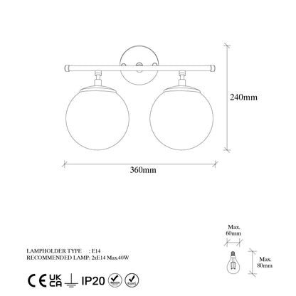 Aplique De Pared, Recto 2 Transparente, Metal , Oro Brillante, 36x24x16, Casquillo 2 X E14 Max 40 W