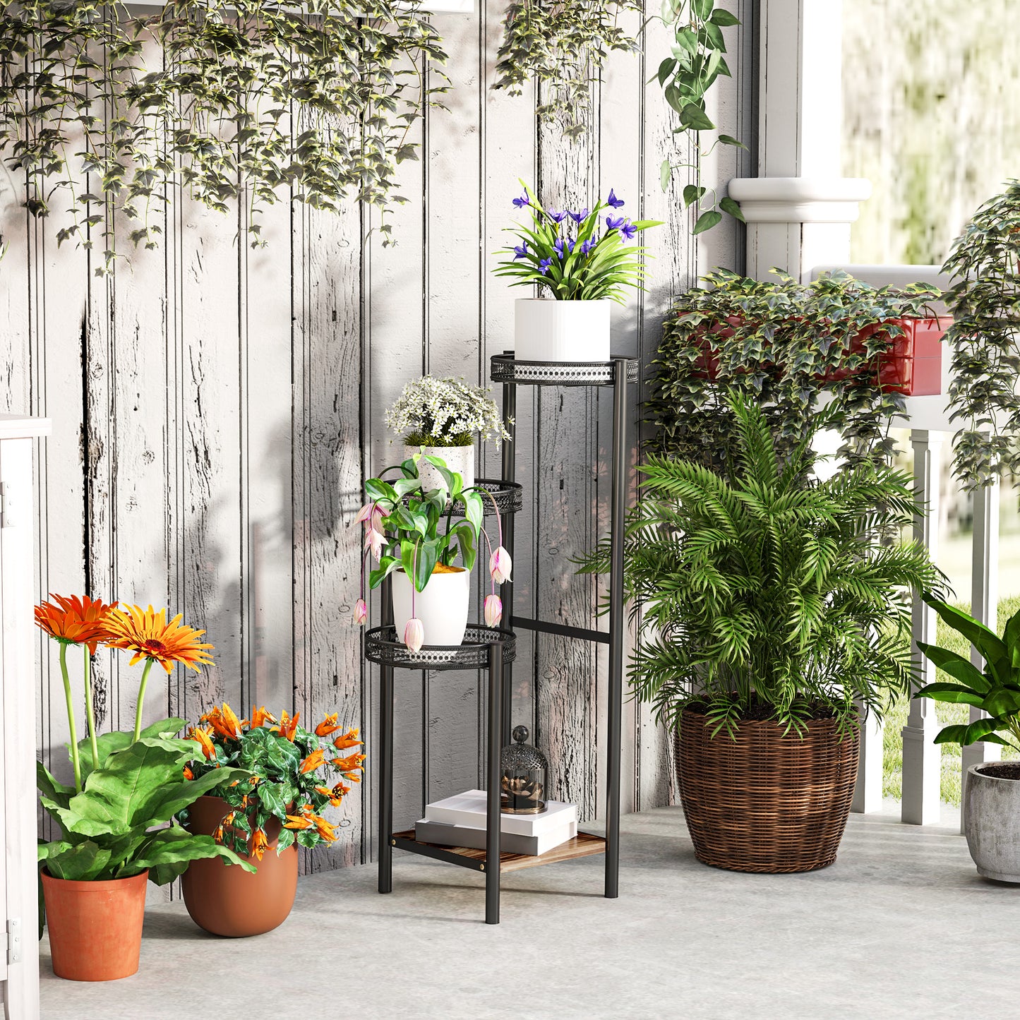 Outsunny Soporte Para Plantas De 4 Niveles Interior Y Exterior 25x25x80 Cm Negro_3