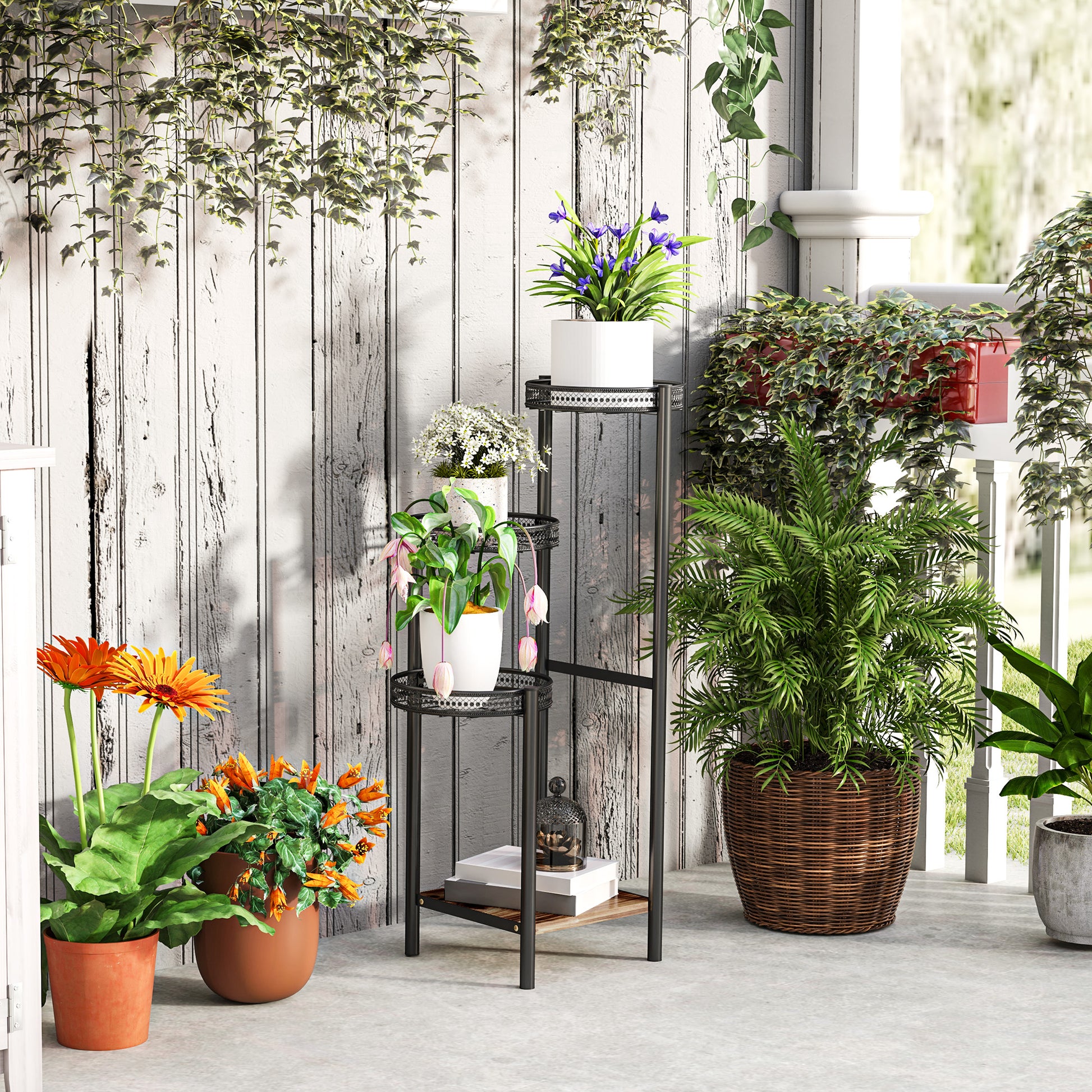 Outsunny Soporte Para Plantas De 4 Niveles Interior Y Exterior 25x25x80 Cm Negro_3