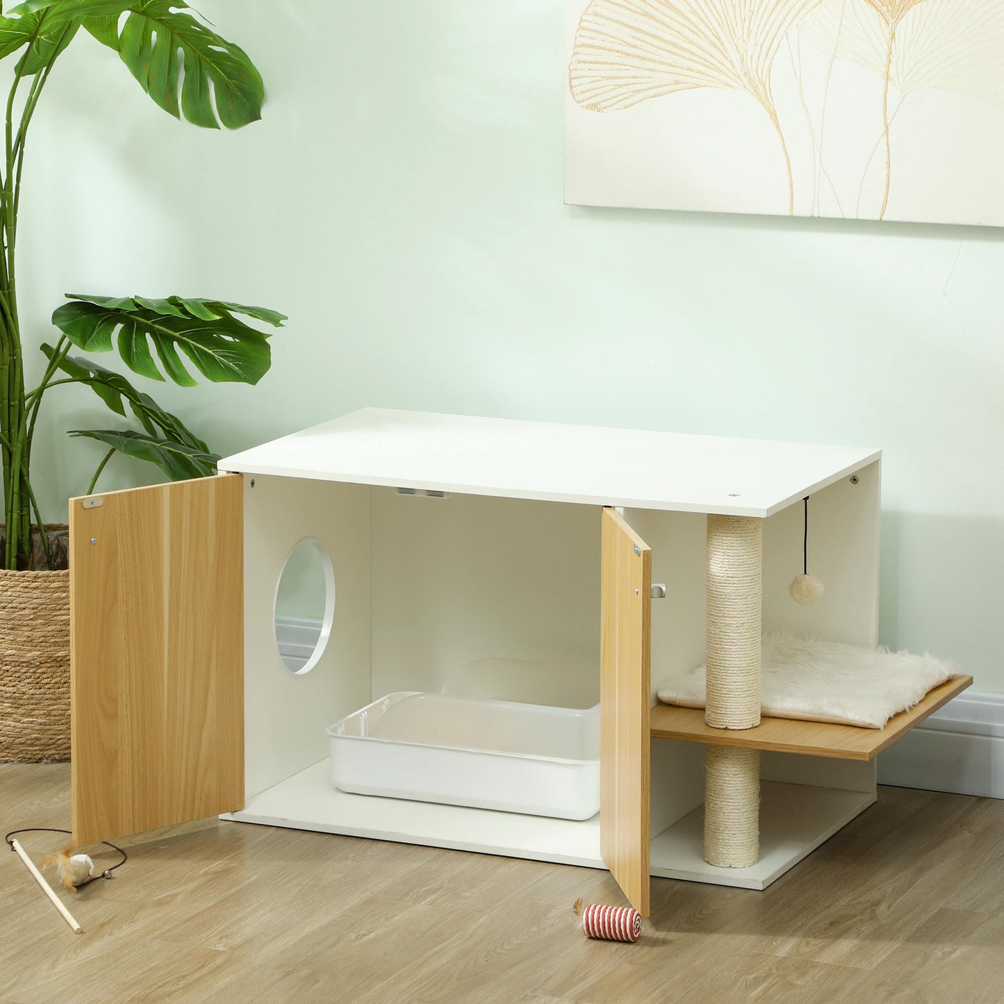 Pawhut Mueble Arenero Para Gatos 3 En 1 Con Puertas Centro De Juegos Blanco_1