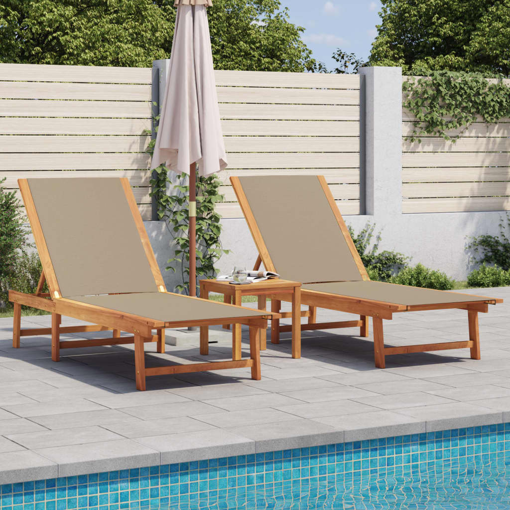 Tumbonas 2 Uds Con Mesa Madera Maciza Acacia Y Textileno Taupe / Vetonek_2